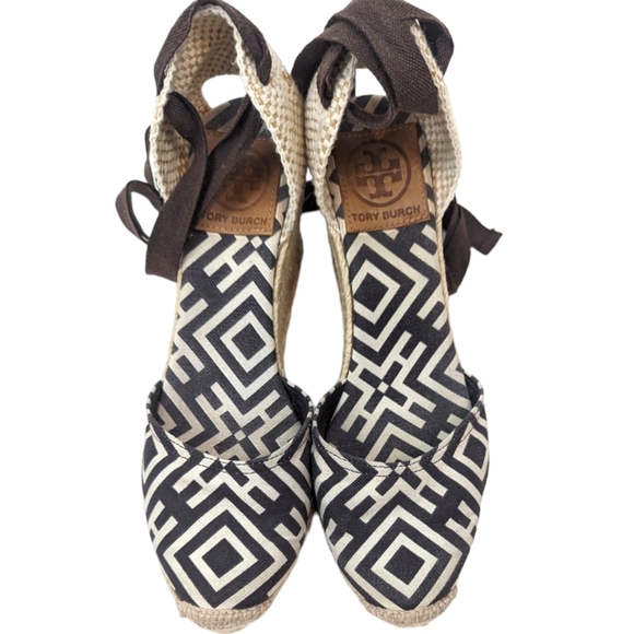 Tory Burch Wedge Espadrilles Womens 37 6.5 Black Natural Tie Ankle Heels - Picture 3 of 13